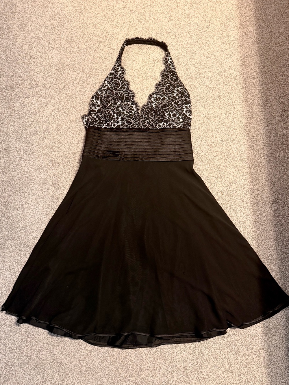 JS Boutique Black Halter Lace Bodice A-Line Dress with Scalloped Neckline